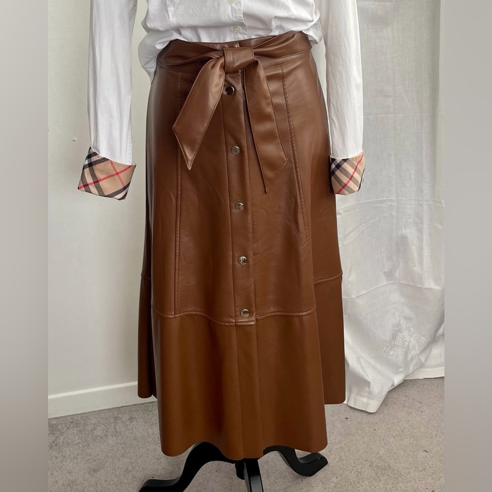 Nicole Miller Vegan Leather A-Line Midi Skirt Chocolate Brown Size S - Picture 3 of 6